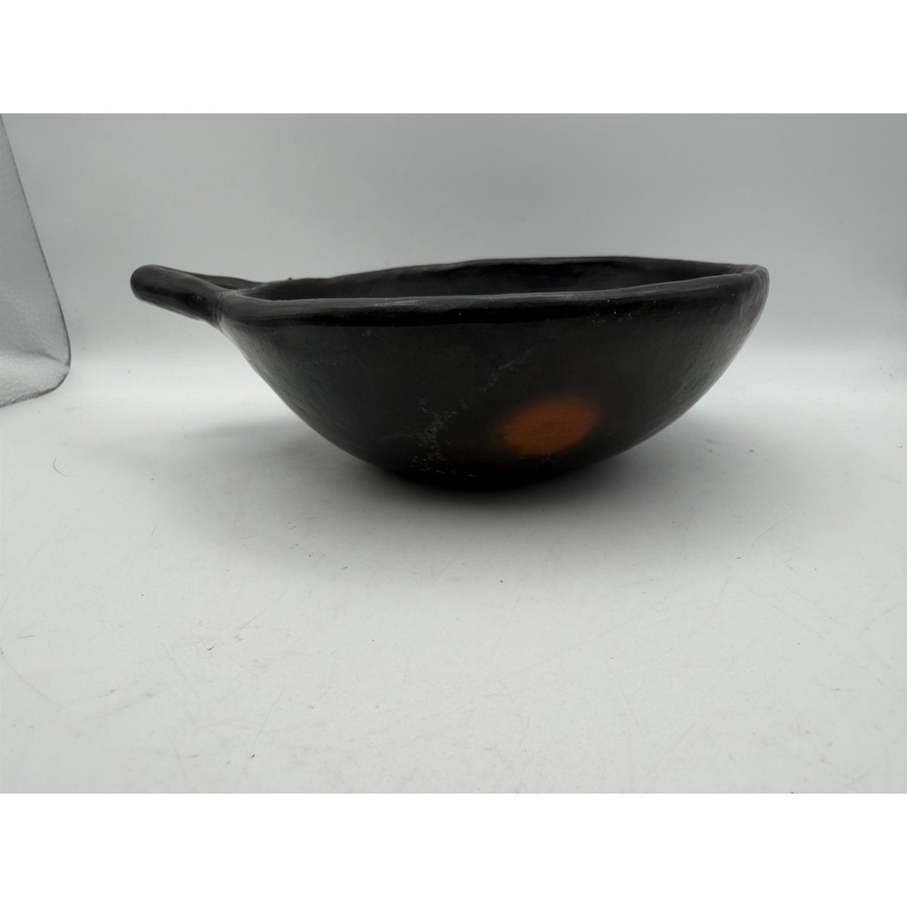 Vintage Handcrafted Black Pottery Handled Bowl Primitive Folk Art